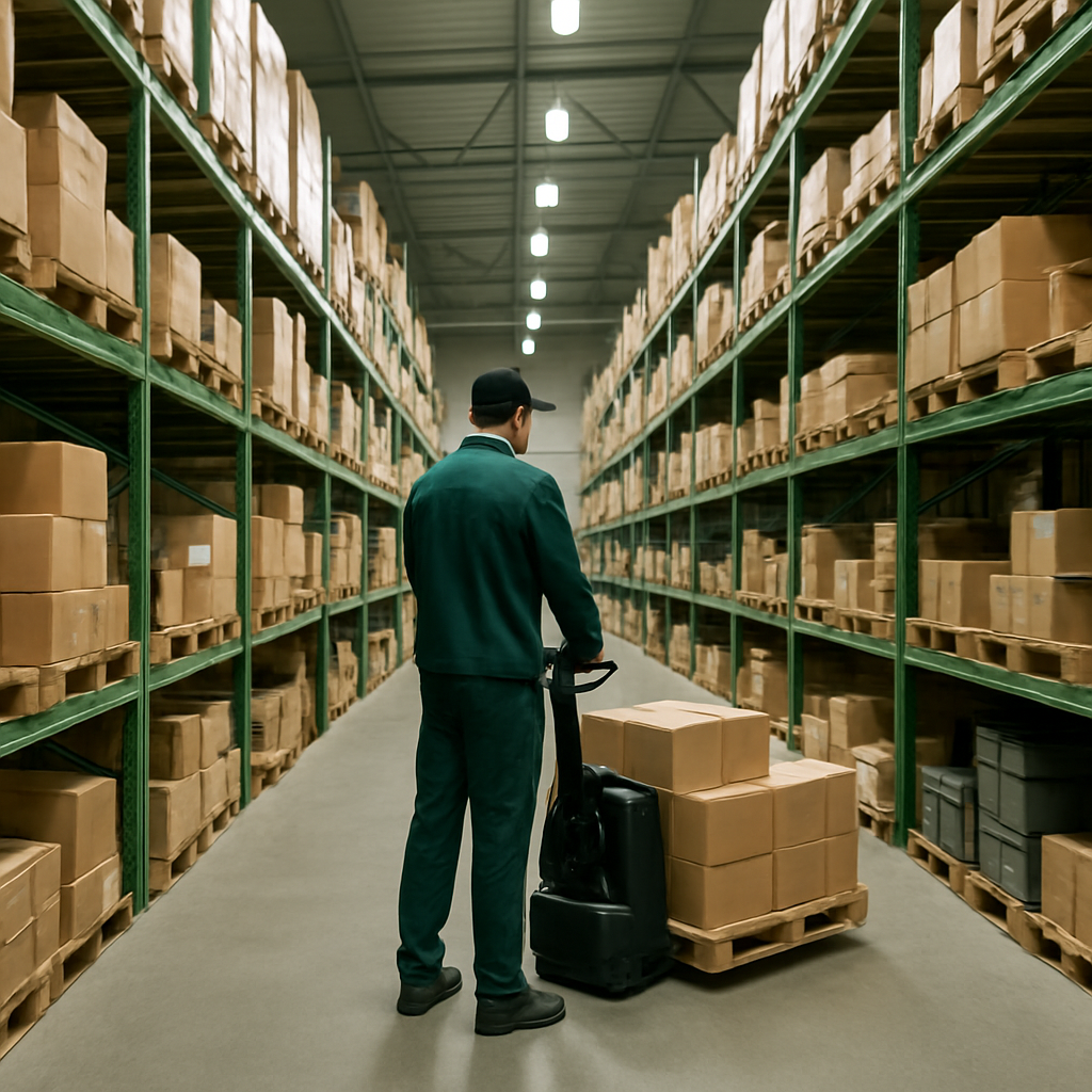 Magazzino con scaffalature e movimentazione